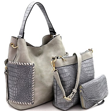 Crocodile Print Whipstitched Side Pocket 3 in 1 Hobo Wallet SET