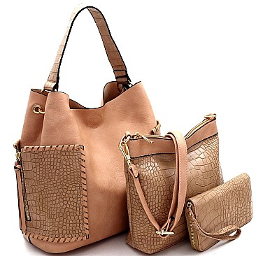 Crocodile Print Whipstitched Side Pocket 3 in 1 Hobo Wallet SET