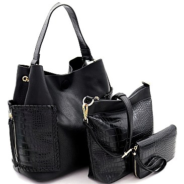 Crocodile Print Whipstitched Side Pocket 3 in 1 Hobo Wallet SET