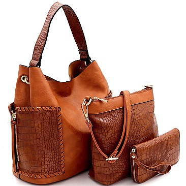 Crocodile Print Whipstitched Side Pocket 3 in 1 Hobo Wallet SET