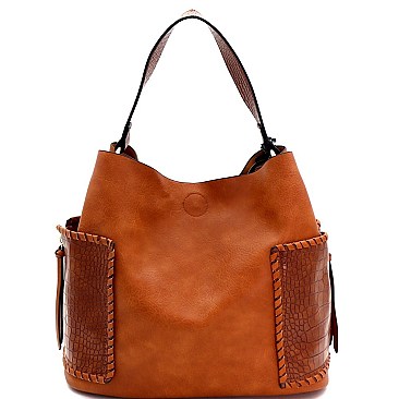 Crocodile Print Whipstitched Side Pocket 3 in 1 Hobo Wallet SET