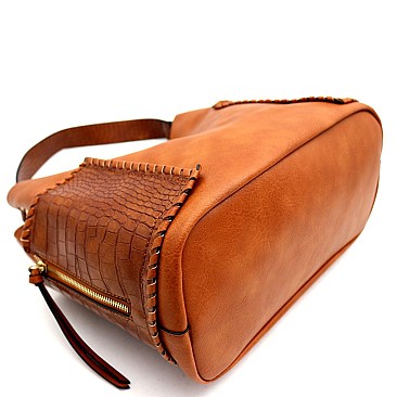 Crocodile Print Whipstitched Side Pocket 3 in 1 Hobo Wallet SET