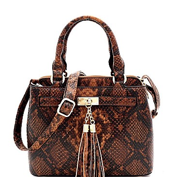 SNAKE PRINT TASSEL ACCENT SATCHEL