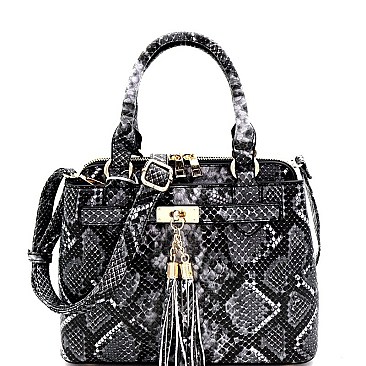 SNAKE PRINT TASSEL ACCENT SATCHEL