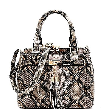 SNAKE PRINT TASSEL ACCENT SATCHEL