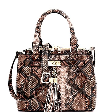 SNAKE PRINT TASSEL ACCENT SATCHEL