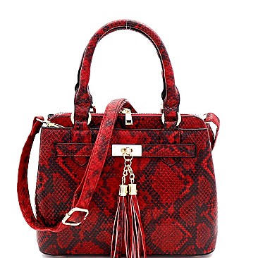 SNAKE PRINT TASSEL ACCENT SATCHEL