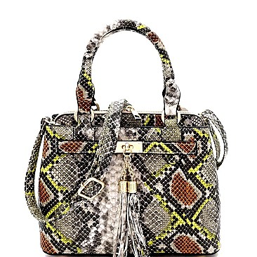 SNAKE PRINT TASSEL ACCENT SATCHEL