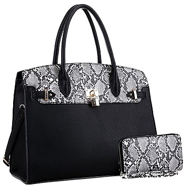 Large Snake Print Padlock Accent Tote Wallet SET