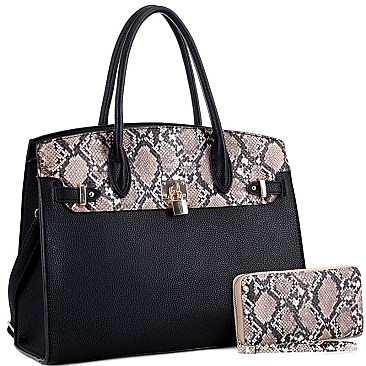 Large Snake Print Padlock Accent Tote Wallet SET