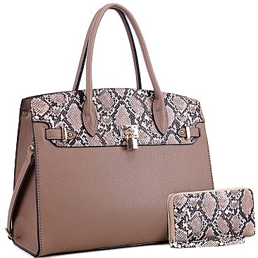 Large Snake Print Padlock Accent Tote Wallet SET
