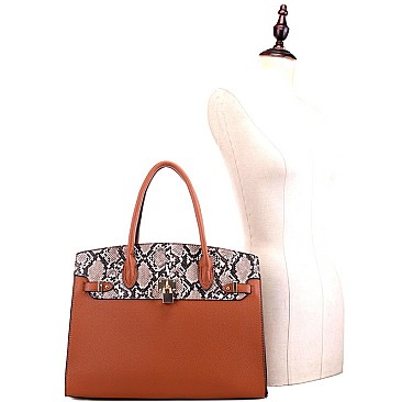 Large Snake Print Padlock Accent Tote Wallet SET