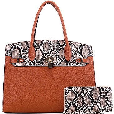 Large Snake Print Padlock Accent Tote Wallet SET