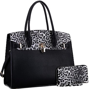 Large Leopard Print Padlock Accent Tote Wallet SET