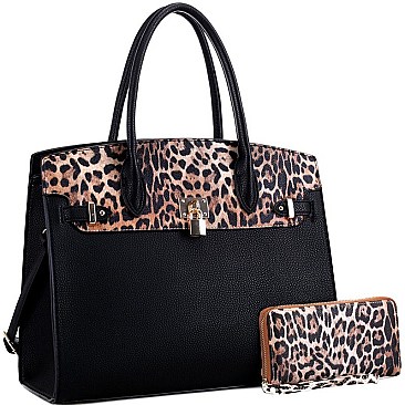 Large Leopard Print Padlock Accent Tote Wallet SET