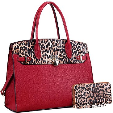 Large Leopard Print Padlock Accent Tote Wallet SET