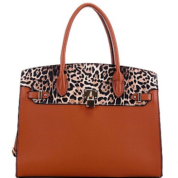 Large Leopard Print Padlock Accent Tote Wallet SET