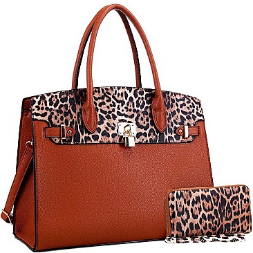Large Leopard Print Padlock Accent Tote Wallet SET