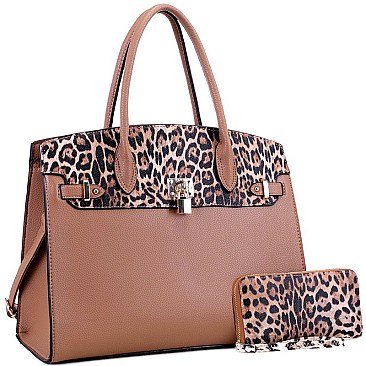 Large Leopard Print Padlock Accent Tote Wallet SET