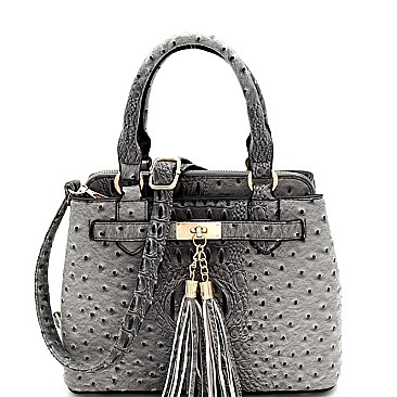 MEDIUM TASSEL ACCENT OSTRICH PRINT SATCHEL