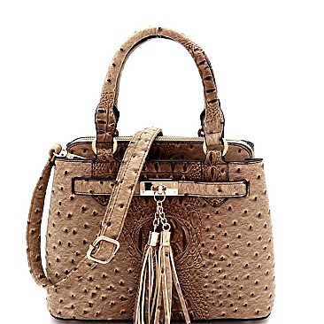 MEDIUM TASSEL ACCENT OSTRICH PRINT SATCHEL