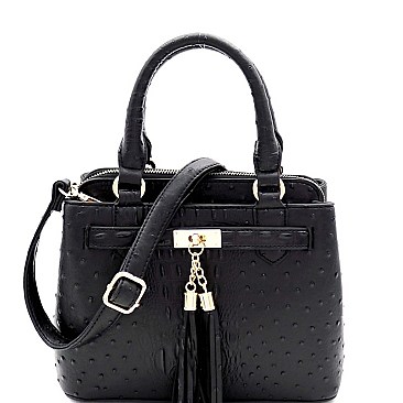 MEDIUM TASSEL ACCENT OSTRICH PRINT SATCHEL