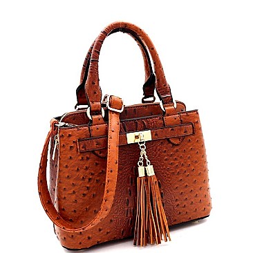 MEDIUM TASSEL ACCENT OSTRICH PRINT SATCHEL