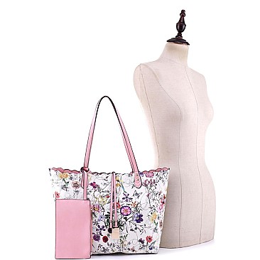 3 in 1 Flower Butterfly Print Scalloped Edge Tote Value SET