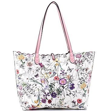 3 in 1 Flower Butterfly Print Scalloped Edge Tote Value SET