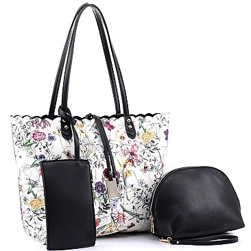 3 in 1 Flower Butterfly Print Scalloped Edge Tote Value SET