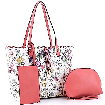 3 in 1 Flower Butterfly Print Scalloped Edge Tote Value SET