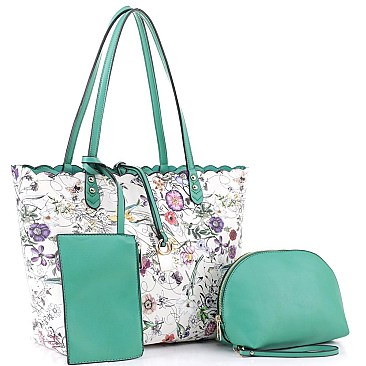 3 in 1 Flower Butterfly Print Scalloped Edge Tote Value SET