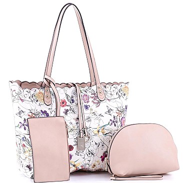 3 in 1 Flower Butterfly Print Scalloped Edge Tote Value SET