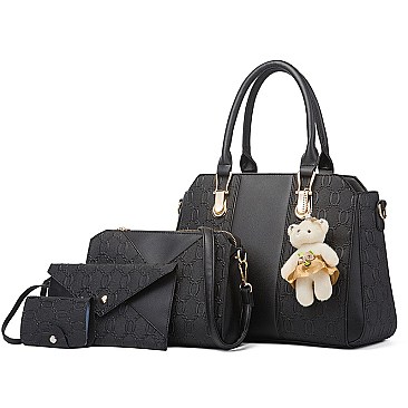 4 IN 1 TEDDY BEAR ACCENT SATCHEL SHOULDER BAG AND PURSE SET