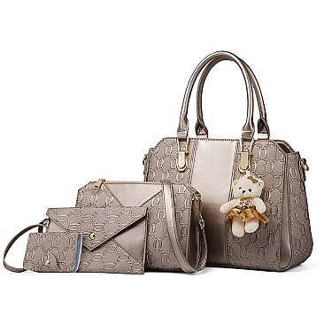 4 IN 1 TEDDY BEAR ACCENT SATCHEL SHOULDER BAG AND PURSE SET