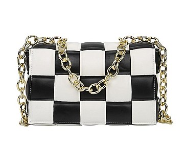 CHECKERED WEAVE CHAIN STRAP SHOULDER MESSENGER BAG