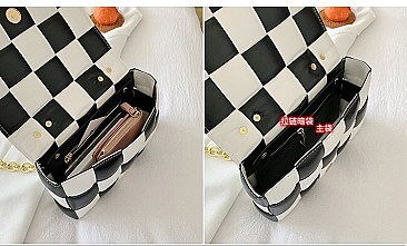 CHECKERED WEAVE CHAIN STRAP SHOULDER MESSENGER BAG