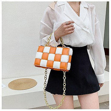 CHECKERED WEAVE CHAIN STRAP SHOULDER MESSENGER BAG