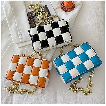 CHECKERED WEAVE CHAIN STRAP SHOULDER MESSENGER BAG