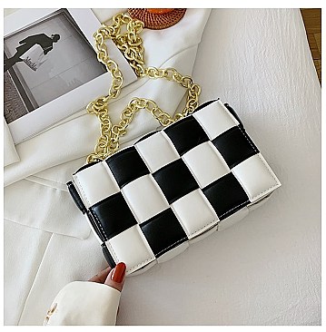 CHECKERED WEAVE CHAIN STRAP SHOULDER MESSENGER BAG