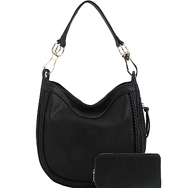 Braid Accent Large Hooked Single Strap Hobo Wallet SET