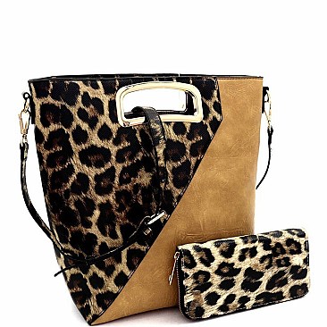 METAL HANDLE LEOPARD PRINT SATCHEL WALLET SET