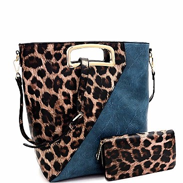 METAL HANDLE LEOPARD PRINT SATCHEL WALLET SET
