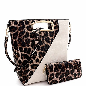 METAL HANDLE LEOPARD PRINT SATCHEL WALLET SET