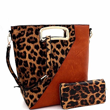 METAL HANDLE LEOPARD PRINT SATCHEL WALLET SET
