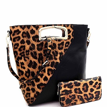 METAL HANDLE LEOPARD PRINT SATCHEL WALLET SET