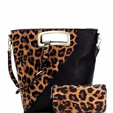 METAL HANDLE LEOPARD PRINT SATCHEL WALLET SET