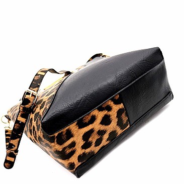 METAL HANDLE LEOPARD PRINT SATCHEL WALLET SET