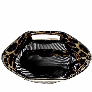 METAL HANDLE LEOPARD PRINT SATCHEL WALLET SET