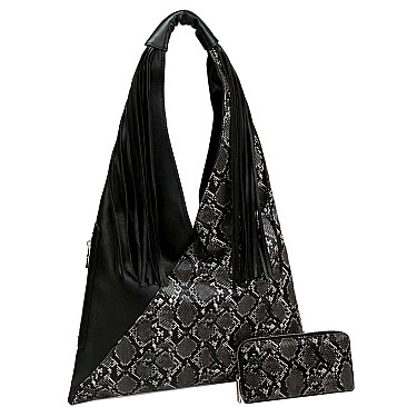 ASYMMETRICAL SNAKE PRINT HOBO WALLET SET